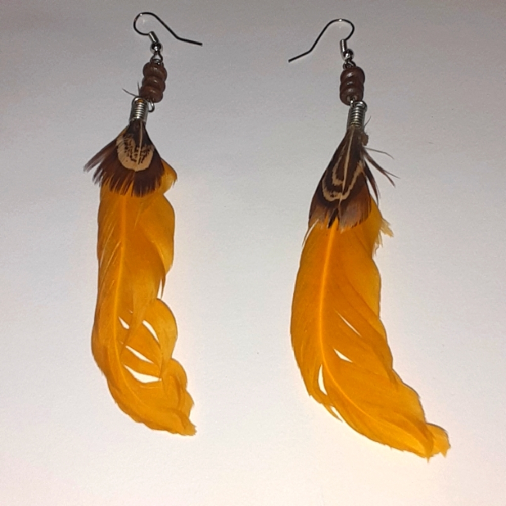 Bohemian style yellow feather fish hook earrings